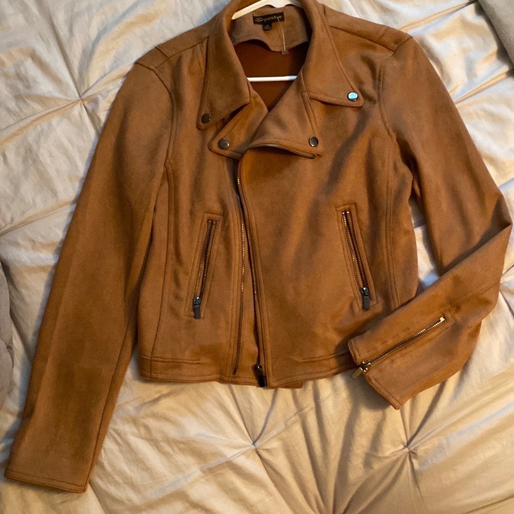 Cropped Suede Moto Jacket, Size Medium, Camel colored, NEW